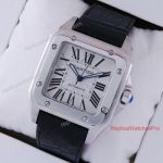 Replica Cartier Santos 100 XL Automatic Watch SS Black Leather Strap 